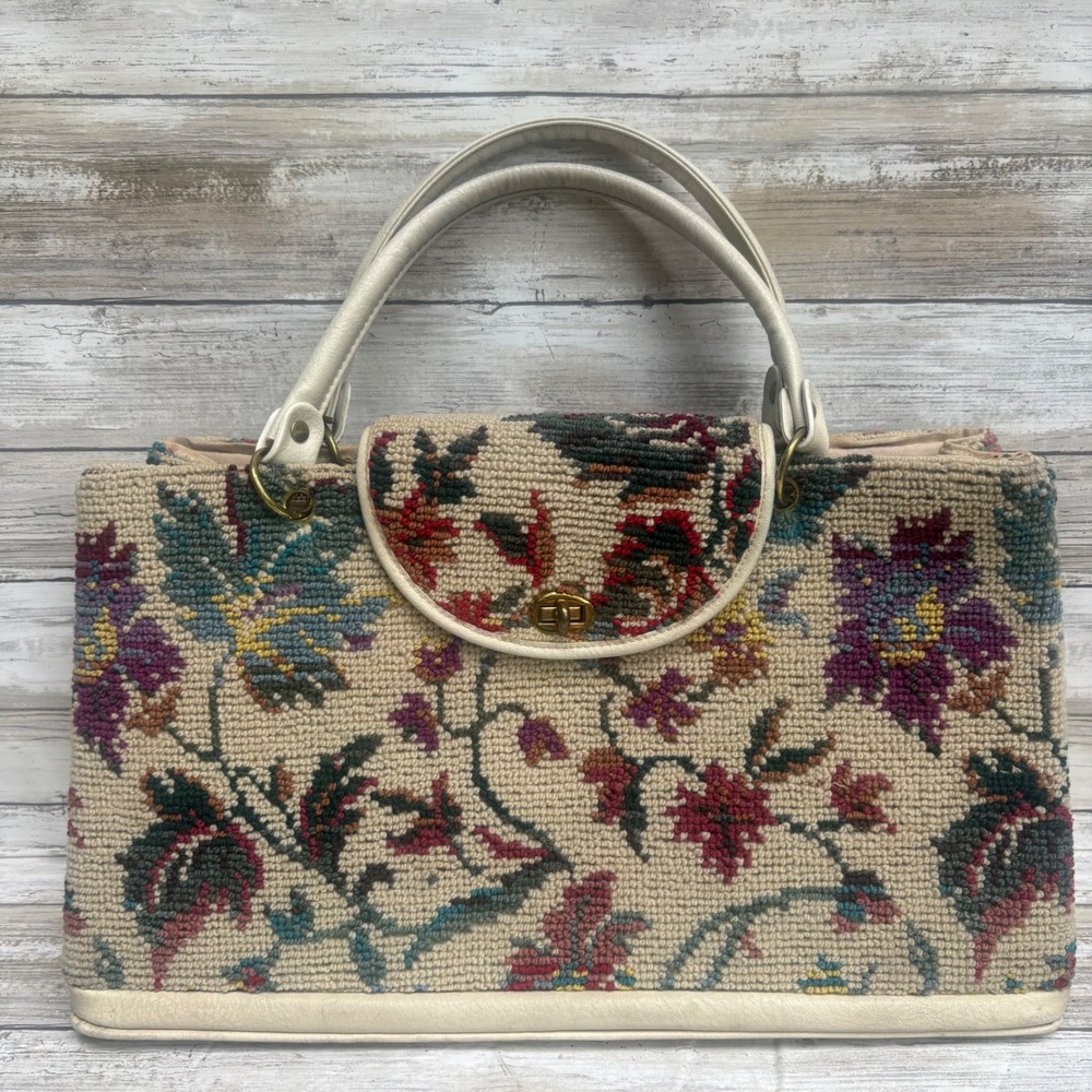 VTG Mr. R Tapestry Carpet Handbag Cream Floral Needlepoint Satchel Tote Purse